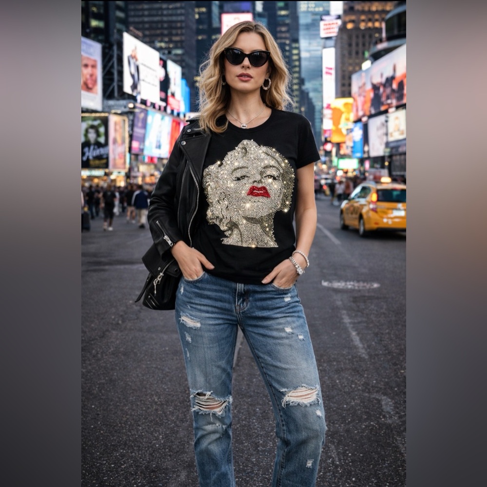 Shiny New York Black Marilyn Monroe Rhinestone Glam Chic Graphic Tee ~OS~ NWT